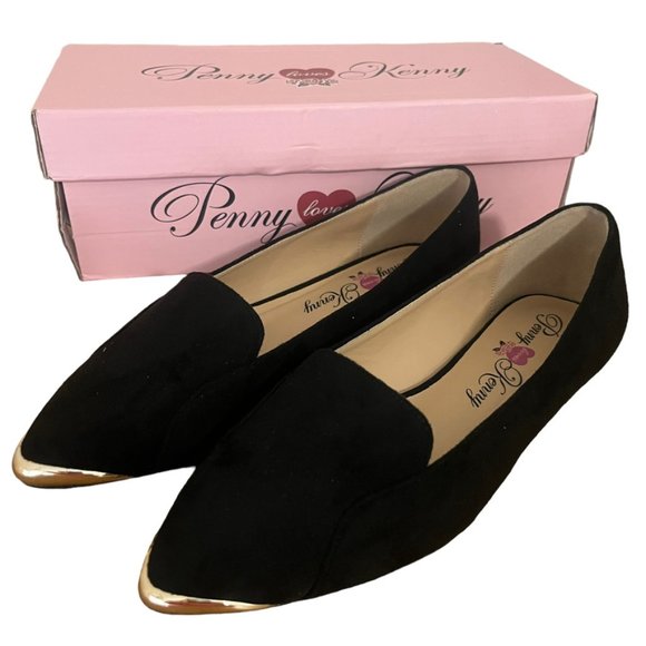Penny Loves Kenny Nik Black Faux Suede Flats Gold Tipped Toe Sz 7.5 Wide - Picture 1 of 11